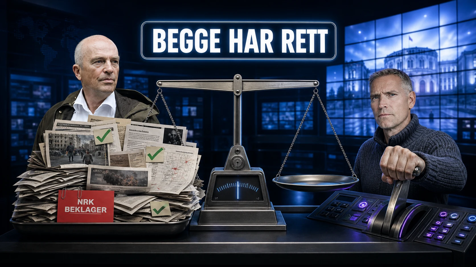 Hans Rustad med en bunke dokumentasjon på den tunge siden av en vekt, mens Morten Larsen tvinger den tomme siden i balanse under ordene Begge har rett