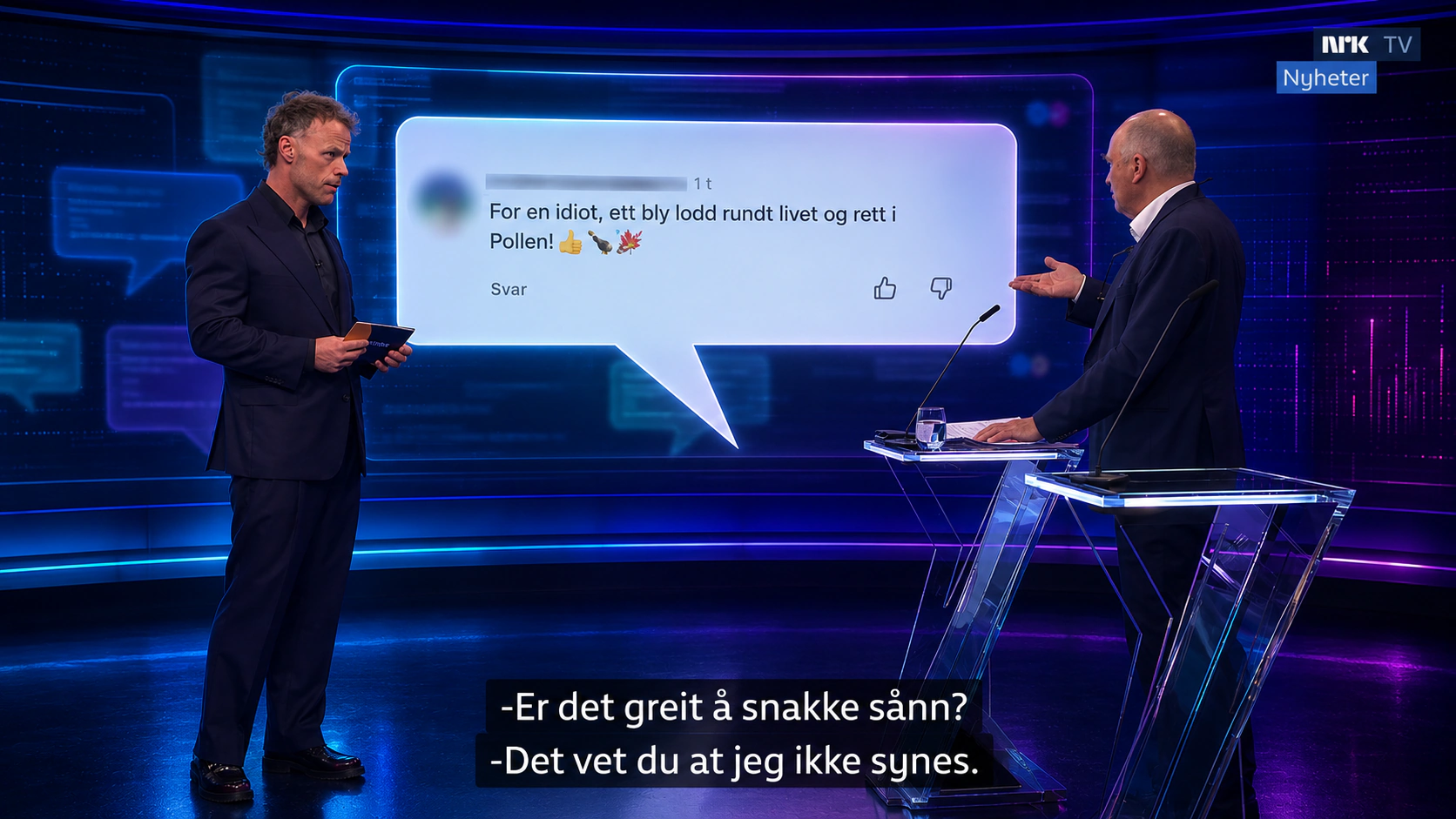 Fredrik Solvang og Hans Rustad i NRKs Debatten foran en skjerm med en anonymisert, grov kommentar om liv og død